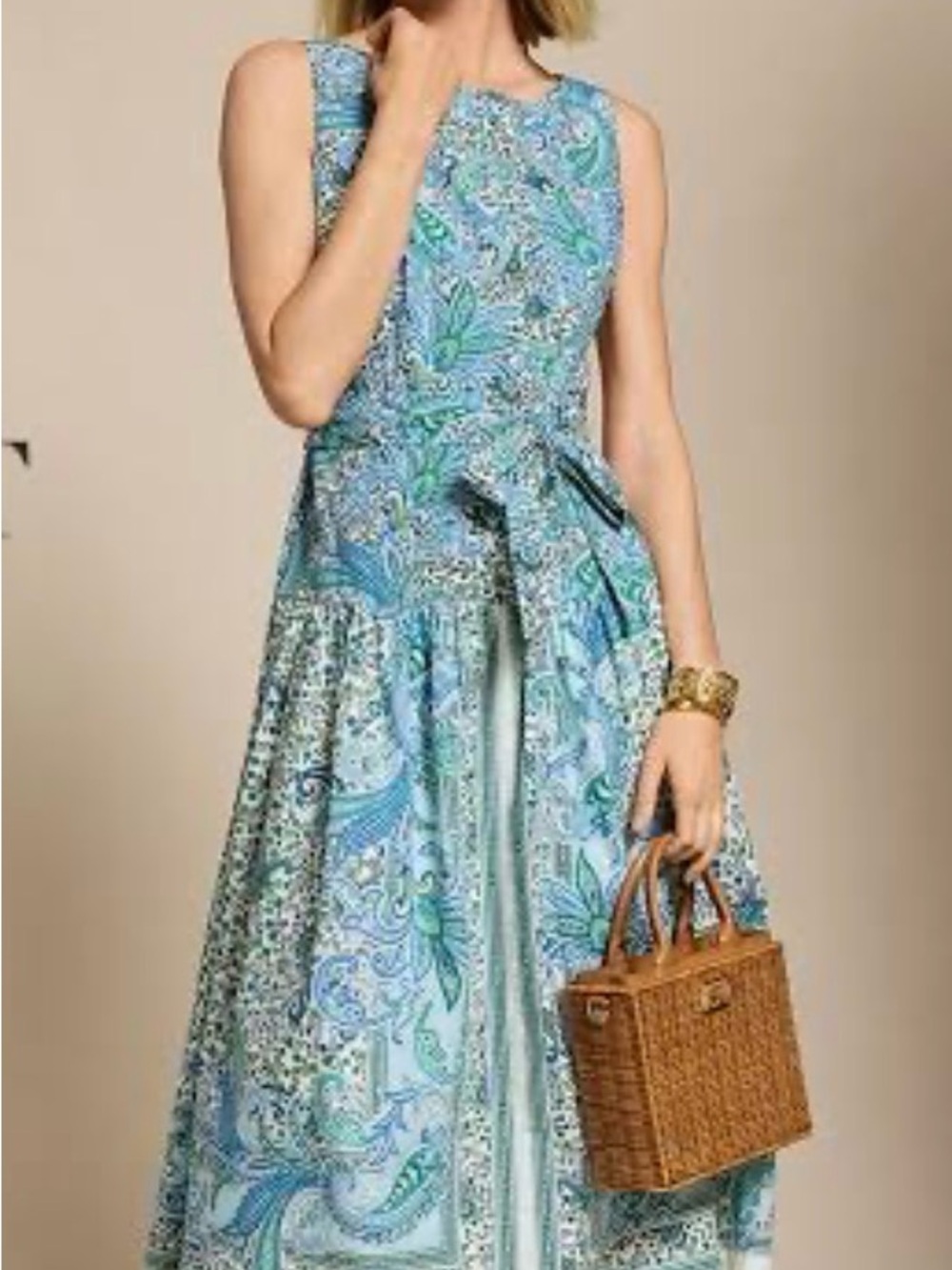 Talbots Blue and Aqua Paisley Midi Dress with Tie Waist